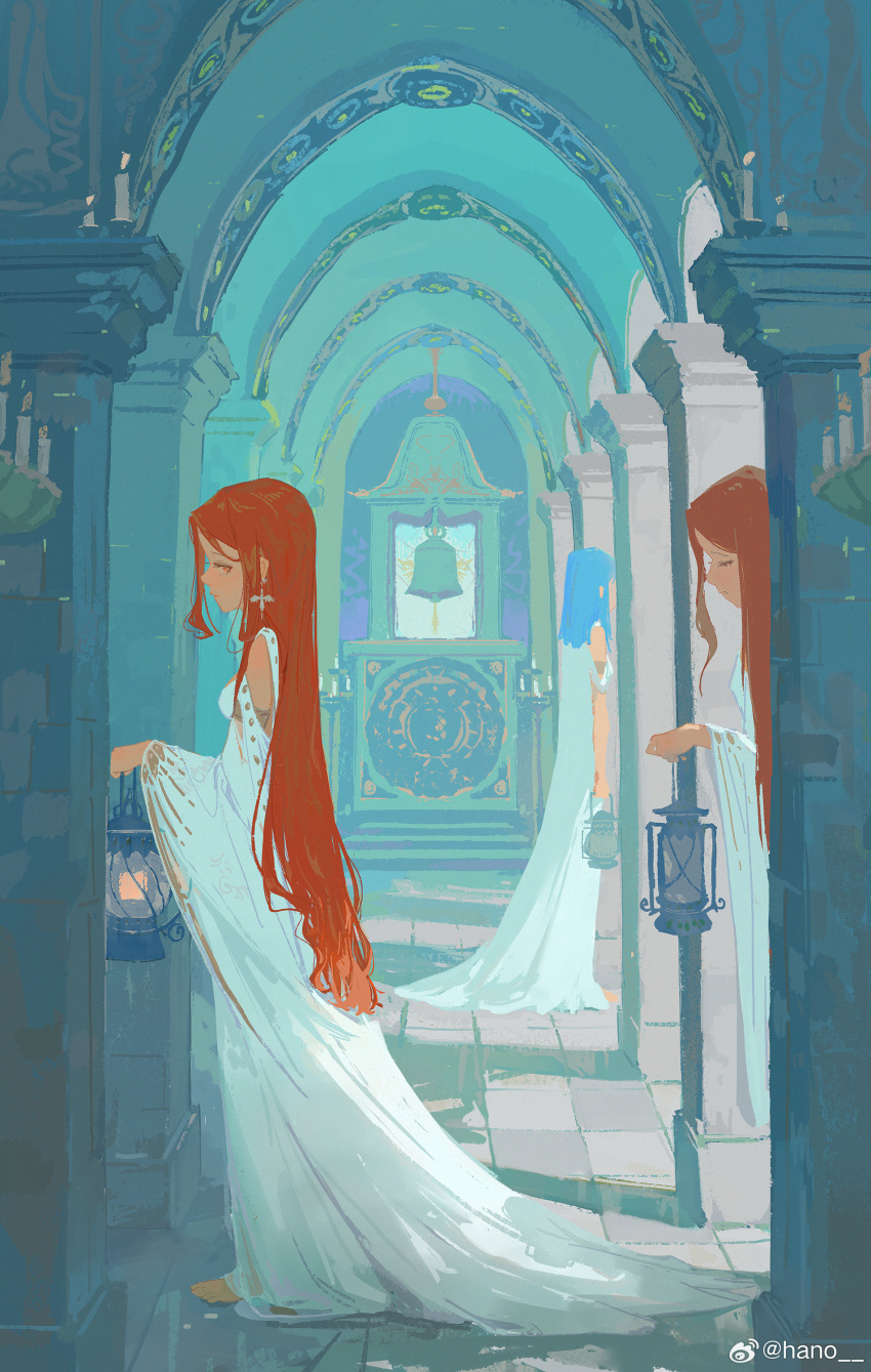 3girls absurdres artist_name barefoot bell blue_hair brown_hair candle ceiling dress from_side hano_1219 highres holding_lamp indoors long_hair long_sleeves looking_at_viewer looking_down multiple_girls original shadow sidelocks signature stone_floor toes walking white_dress