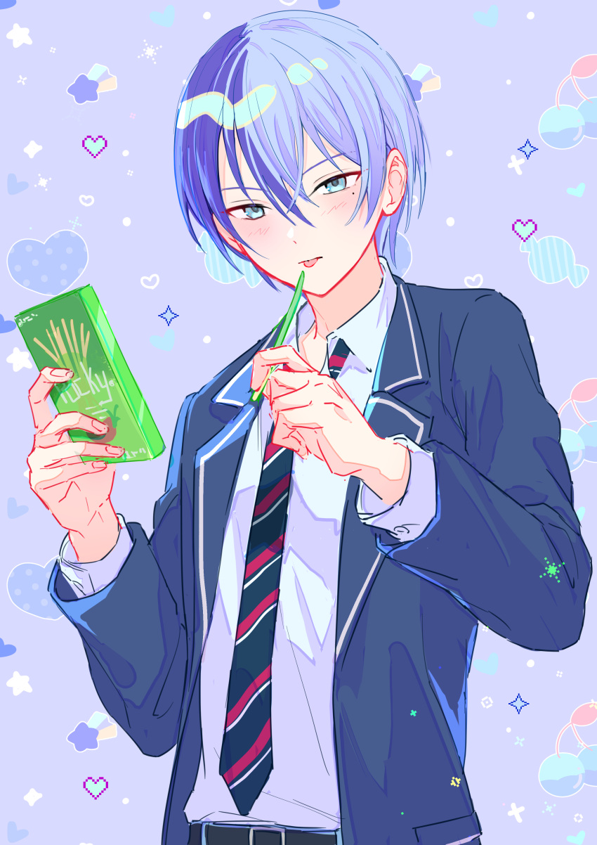 1boy absurdres amin_(aminblue) aoyagi_touya belt blazer blue_eyes blue_hair blush collared_shirt commentary dark_blue_hair diagonal-striped_necktie fingernails food hair_between_eyes heart highres holding holding_food holding_pocky jacket kamiyama_high_school_uniform_(project_sekai) lapels long_sleeves looking_at_viewer male_focus multicolored_hair necktie notched_lapels open_clothes open_jacket pocky project_sekai school_uniform shirt short_hair solo split-color_hair symbol-only_commentary tongue tongue_out two-tone_hair upper_body
