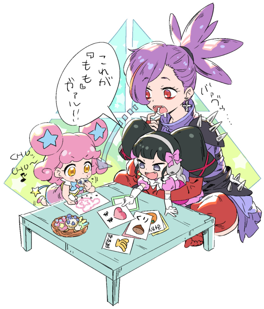:d armor arrow_(symbol) banana black_hair bow bugcchu_(pri_chan) chestnut child's_drawing commentary_request cross cross_earrings double_bun dress drooling earrings eating fangs food fruit gaaruru_(pripara) gloves grey_eyes hair_bow hair_bun headphones highres jewelry kiracchu_(pri_chan) kiratto_pri_chan long_hair mouth_drool multicolored_hair murakami_hisashi musical_note open_mouth peach pink_bow pink_dress pink_hair pointing ponytail pretty_(series) pripara puffy_short_sleeves puffy_sleeves purple_hair red_eyeliner red_eyes red_gloves redhead short_sleeves shoulder_armor sitting sitting_on_lap sitting_on_person smile speech_bubble spikes star-shaped_pupils star_(symbol) streaked_hair symbol-shaped_pupils table translation_request twintails white_gloves yellow_eyes