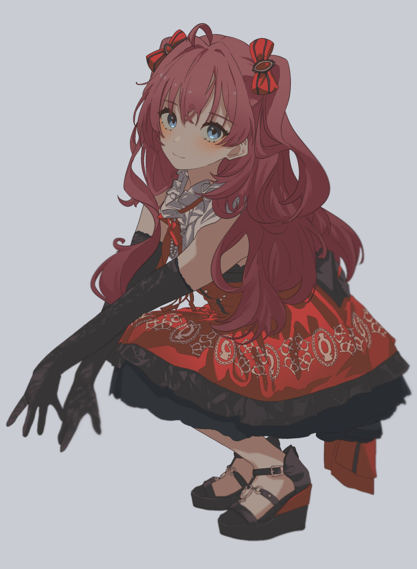 1girl :3 absurdres ahoge bare_shoulders black_dress black_gloves blue_eyes blush bow closed_mouth dot_nose dress elbow_gloves feet frilled_dress frills gloves hair_behind_ear hair_bow high_heels highres legs long_hair looking_at_viewer luvluvvox original red_bow red_dress red_ribbon redhead ribbon simple_background solo squatting twintails white_background
