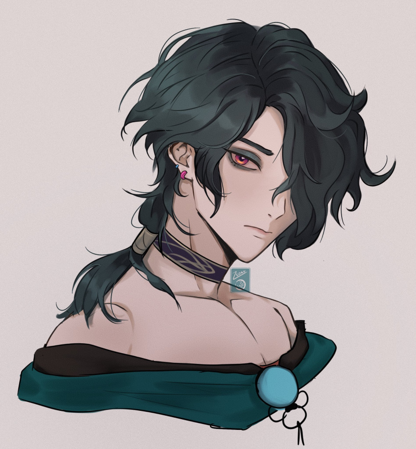 1boy black_hair closed_mouth earrings grey_background hair_over_one_eye highres hwei_(league_of_legends) jewelry league_of_legends long_hair looking_at_viewer male_focus ponytail simple_background solo swept_bangs upper_body violet_eyes zeidan