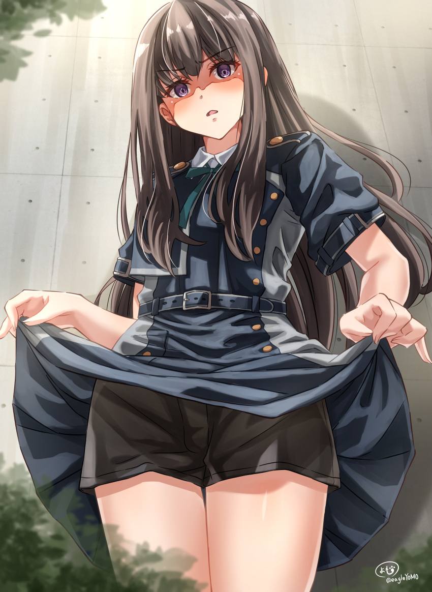 1girl absurdres artist_name black_hair black_shorts blue_dress blue_ribbon clothes_lift collared_shirt commentary cowboy_shot day dress dress_lift duplicate frown glaring grey_dress half-closed_eyes highres inoue_takina lifted_by_self long_hair looking_at_viewer lycoris_recoil lycoris_uniform neck_ribbon open_mouth outdoors pixel-perfect_duplicate pleated_dress ribbon shirt short_dress short_shorts short_sleeves shorts shorts_under_dress signature solo standing straight_hair sunlight twitter_username two-tone_dress violet_eyes yomo