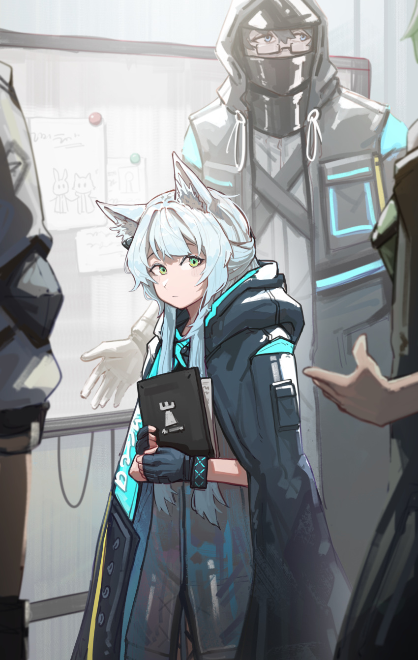 1girl 3others absurdres animal_ear_fluff animal_ears arknights black_gloves blue_coat blue_hair bracelet cat_ears cat_girl chinese_commentary closed_mouth coat commentary_request fingerless_gloves folder gloves green_eyes highres holding holding_folder hood hood_down hooded_coat infection_monitor_(arknights) jewelry light_blue_hair long_hair multiple_others rosmontis_(arknights) sidelocks taoxisama