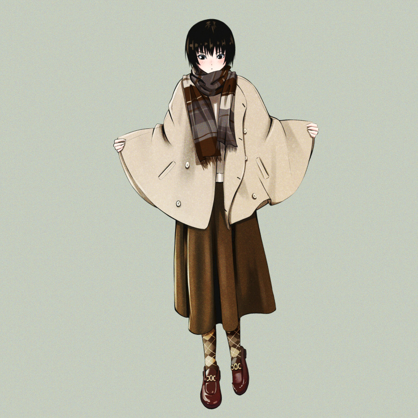 1girl amagami black_eyes black_hair bob_cut brown_capelet brown_pantyhose brown_scarf brown_skirt capelet closed_mouth full_body grey_background highres long_skirt looking_down nanasaki_ai oshizu pantyhose plaid plaid_scarf print_pantyhose red_footwear scarf shoes short_hair simple_background skirt solo standing