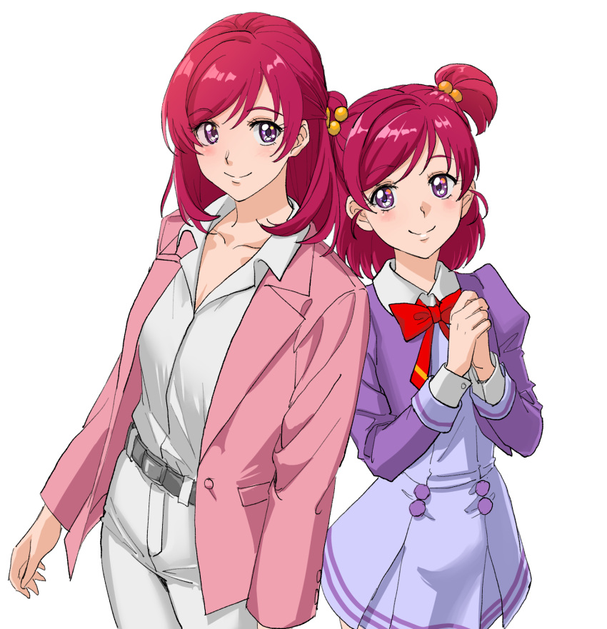2girls age_difference belt bow bowtie closed_mouth collarbone collared_shirt cowboy_shot dress dress_shirt grey_belt grey_dress hair_bobbles hair_ornament height_difference highres jacket kibou_no_chikara_~otona_precure_'23~ l'ecole_des_cinq_lumieres_school_uniform long_hair long_sleeves looking_at_viewer multiple_girls open_clothes open_jacket own_hands_together pants pink_jacket pleated_dress precure purple_jacket red_bow red_bowtie redhead school_uniform shirt short_dress sketch smile sozan standing swept_bangs two_side_up violet_eyes white_pants white_shirt wing_collar yes!_precure_5 yumehara_nozomi