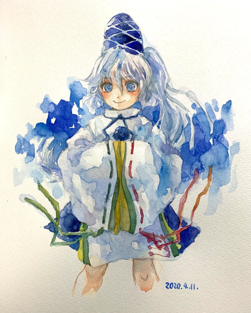 1girl absurdres blue_eyes blue_hair blue_skirt closed_mouth feet_out_of_frame hair_between_eyes hands_in_opposite_sleeves hat highres japanese_clothes kariginu light_smile long_hair long_sleeves looking_at_viewer mononobe_no_futo one-hour_drawing_challenge painting_(medium) ponytail ribbon shiroma_(mamiko) simple_background skirt solo tate_eboshi touhou traditional_media watercolor_(medium) white_background wide_sleeves