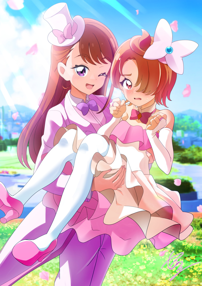 1boy 1girl ;d absurdres age_difference blurry blurry_background bow bowtie bridal_gauntlets brown_eyes brown_hair carrying collared_shirt crossdressing day detached_sleeves dress dress_shirt embarrassed hair_over_one_eye highres hijiri_ageha hirogaru_sky!_precure jacket layered_dress long_hair long_sleeves one_eye_closed onee-shota open_mouth outdoors pants pantyhose pink_footwear pink_jacket pink_pants pink_shirt precure princess_carry purple_bow purple_bowtie red_bow red_bowtie red_eyes shirt short_hair signature smile straight_hair strapless strapless_dress sunlight tirofinire wavy_mouth wedding_dress white_dress white_pantyhose white_sleeves wing_collar yuunagi_tsubasa