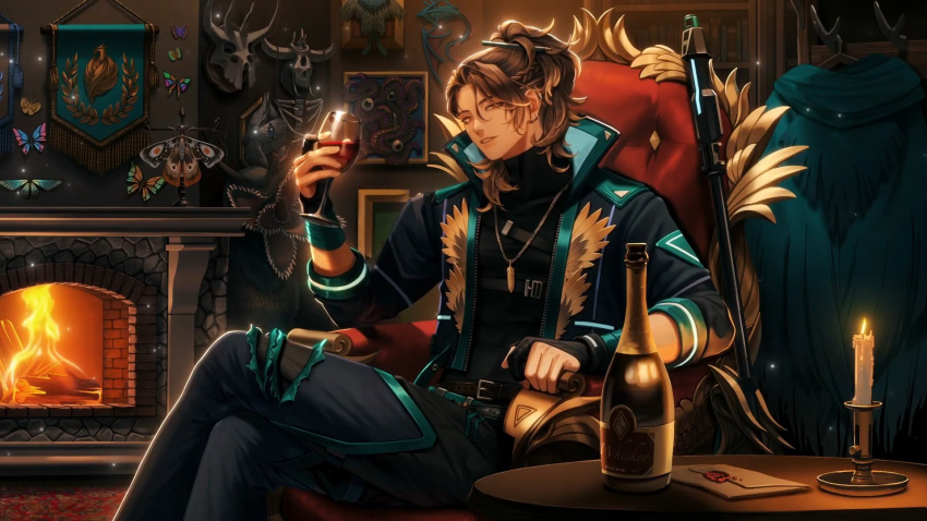 1boy aioka_(aichiu_kuchiu) animal_skull belt black_shirt bookshelf bottle brown_hair bug butterfly candle chair cloak clothes_hanger cropped_jacket crossed_legs cup drinking_glass earrings emblem feet_out_of_frame fingerless_gloves fire fireplace gloves goldbullet gun hair_between_eyes half_gloves high_collar high_ponytail highres holding holding_cup holoarmis holostars holostars_english jacket jewelry looking_at_viewer male_focus multicolored_hair necklace open_clothes open_jacket pants ponytail rifle rug shirt sitting smile sniper_rifle streaked_hair table torn_clothes torn_pants trophy_head weapon wine_bottle wine_glass yellow_eyes