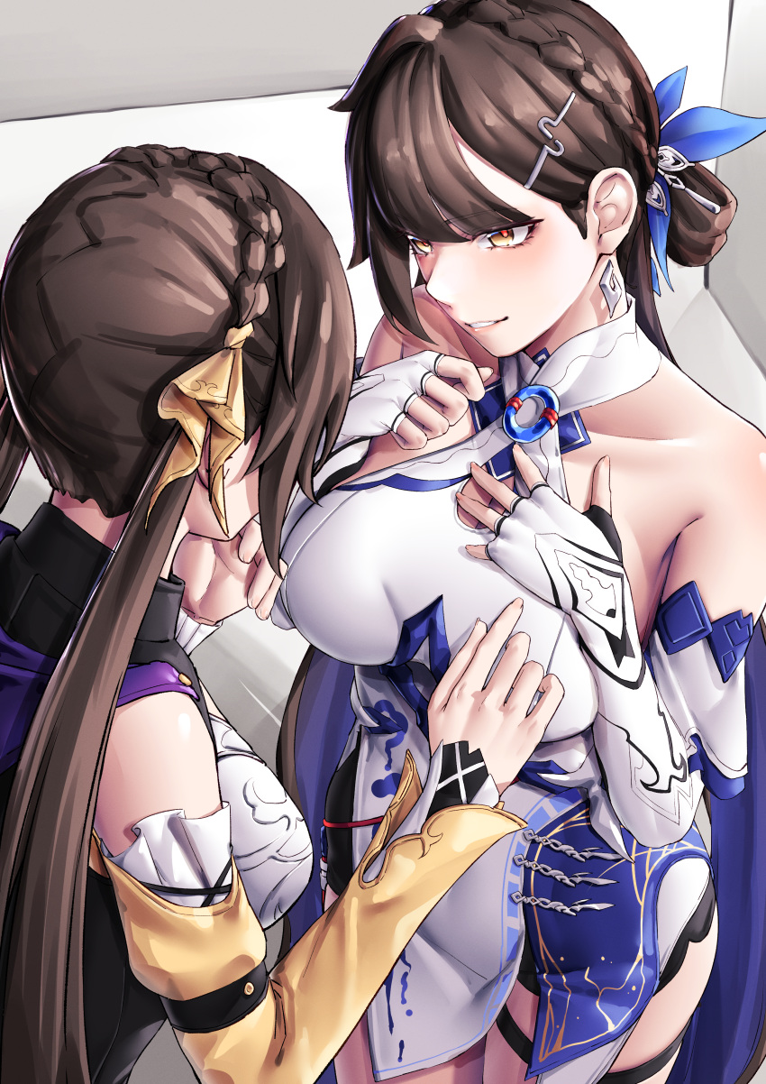 2girls absurdres bare_shoulders braid breasts brown_eyes brown_hair china_dress chinese_clothes collarbone commentary_request cow crossover crown_braid dress elbow_gloves fingerless_gloves from_behind gloves hair_ornament highres honkai:_star_rail honkai_(series) honkai_impact_3rd large_breasts li_sushang li_sushang_(jade_knight) light_smile long_hair looking_at_another medium_breasts multiple_girls open_mouth pyeong-il_pyeongil ribbon sushang_(honkai:_star_rail) teeth twintails upper_body white_dress white_gloves yellow_sleeves