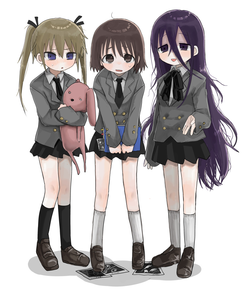 3girls :o absurdres alternate_hair_length alternate_hairstyle averting_eyes black_necktie black_ribbon black_skirt black_socks blonde_hair blue_eyes blush book brown_hair commentary_request embarrassed furrowed_brow goshiki_agiri grey_jacket hair_between_eyes hair_ribbon hand_up highres holding holding_book holding_stuffed_toy hugging_doll hugging_object hunched_over jacket kill_me_baby kneehighs lineup loafers long_bangs long_hair looking_at_viewer messy_hair multiple_girls neck_ribbon necktie nervous_smile oribe_yasuna photo_(object) pleated_skirt prototype_design purple_hair ribbon shoes simple_background skirt smile socks sonya_(kill_me_baby) standing stuffed_toy sweatdrop tareme translation_request upturned_eyes v_arms very_long_hair violet_eyes white_background white_socks yasashii_naizou