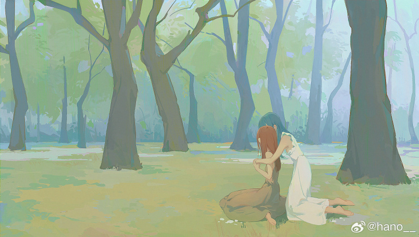 2girls artist_name bare_arms barefoot blue_hair branch brown_dress brown_hair dress forest from_side grass hano_1219 highres holding_another's_arm leaf long_hair multiple_girls nature original outdoors scenery signature sitting sleeveless sleeveless_dress tree white_dress