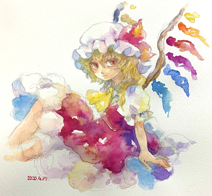1girl absurdres arm_support ascot back_bow blonde_hair bow closed_mouth collared_shirt dated flandre_scarlet frilled_skirt frilled_sleeves frills from_side hat hat_ribbon highres large_bow light_smile looking_at_viewer looking_to_the_side medium_hair mob_cap multicolored_wings one-hour_drawing_challenge one_side_up painting_(medium) puffy_short_sleeves puffy_sleeves red_eyes red_ribbon red_skirt red_vest ribbon ribbon-trimmed_headwear ribbon_trim shiroma_(mamiko) shirt short_sleeves simple_background skirt solo touhou traditional_media vest watercolor_(medium) white_background white_bow white_headwear white_shirt wings yellow_ascot