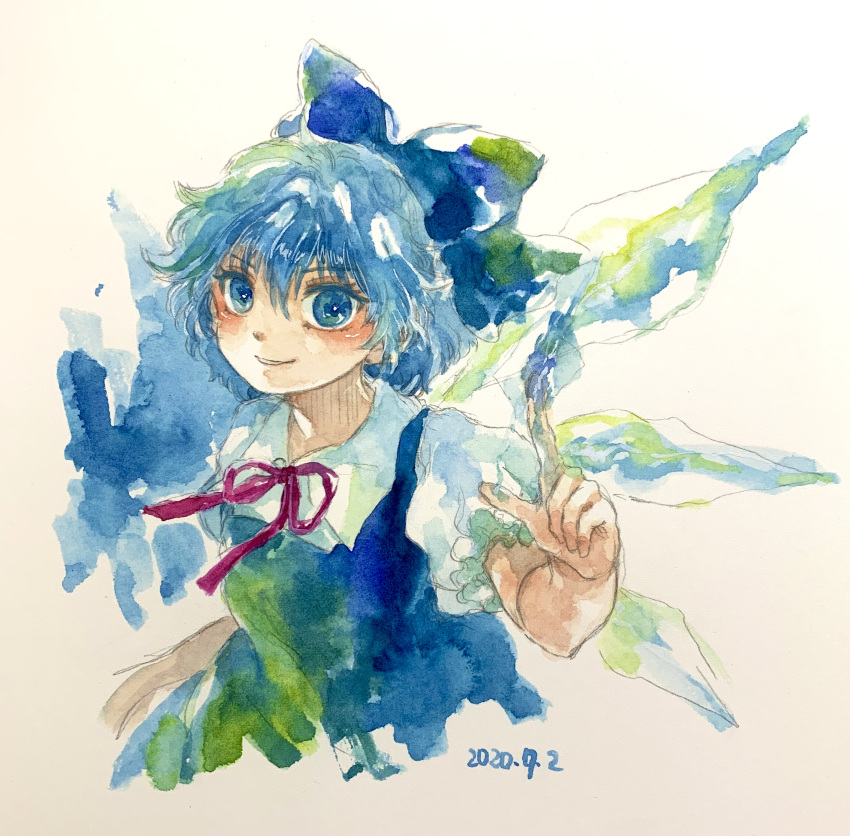 1girl absurdres blue_background blue_bow blue_dress blue_eyes blue_hair bow breasts cirno collared_shirt dated dress frilled_shirt_collar frills hair_between_eyes highres ice ice_wings index_finger_raised looking_at_viewer medium_hair neck_ribbon one-hour_drawing_challenge painting_(medium) pinafore_dress puffy_short_sleeves puffy_sleeves red_ribbon ribbon shiroma_(mamiko) shirt short_sleeves simple_background sleeveless sleeveless_dress small_breasts solo touhou traditional_media watercolor_(medium) white_background white_shirt wings