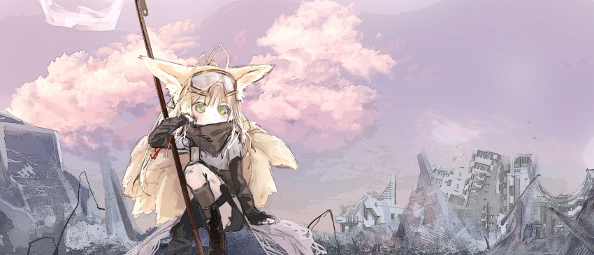 1girl absurdres animal_ears arknights blonde_hair brown_scarf commentary_request flag fox_ears fox_girl fox_tail goggles goggles_on_head green_eyes highres holding holding_flag kilabo kitsune kyuubi multiple_tails official_alternate_costume outdoors scarf solo suzuran_(arknights) suzuran_(lostlands_flowering)_(arknights) tail