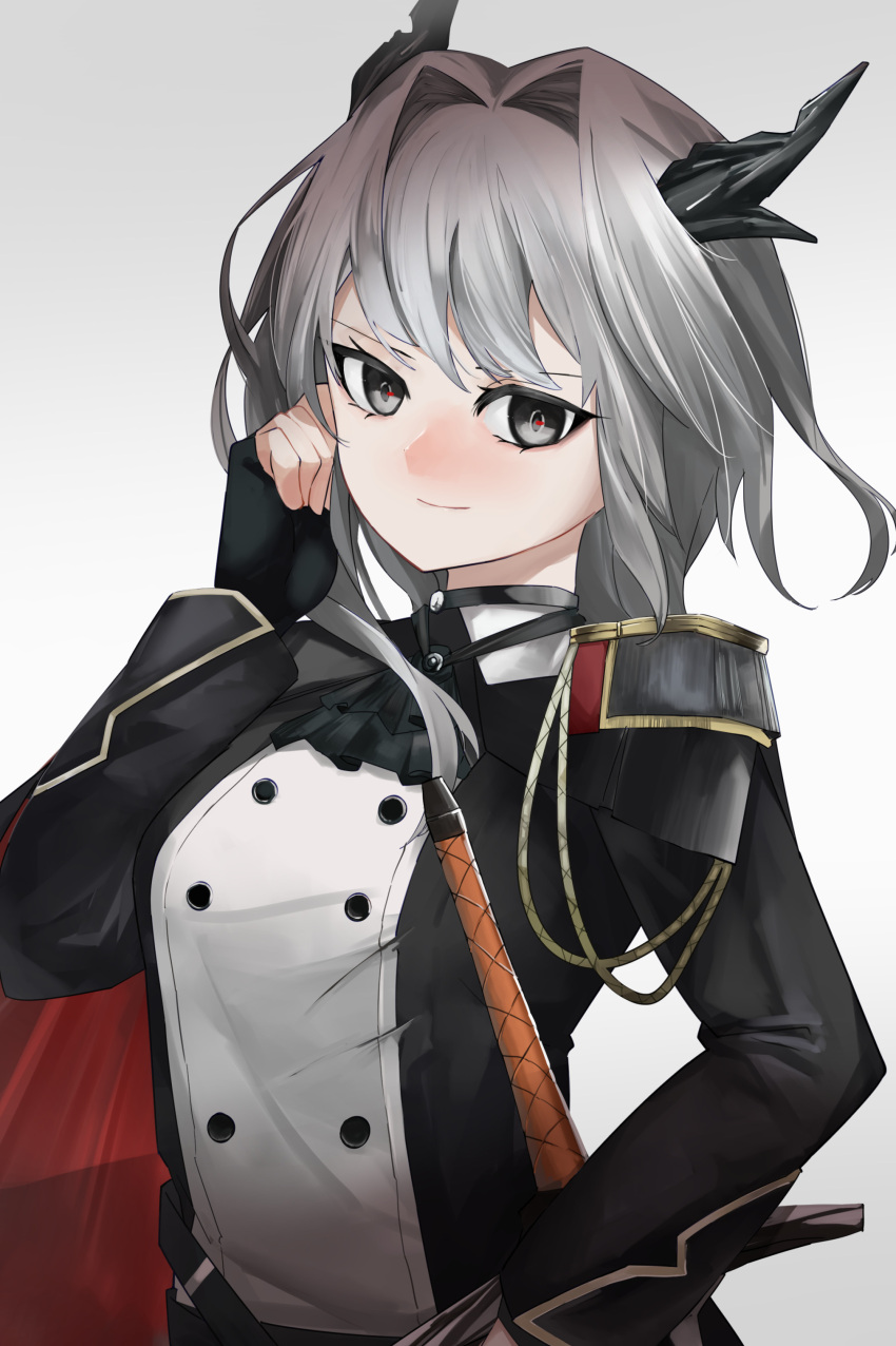 1girl absurdres aiguillette ao_oni_(onioni-aoi) arknights ascot black_ascot black_eyes black_gloves black_horns black_jacket blush buttons cape choker closed_mouth commentary_request double-breasted epaulettes fingerless_gloves gloves gradient_background grey_background grey_choker grey_hair hair_intakes hand_in_own_hair hand_up highres horns jacket light_blush light_smile long_hair long_sleeves looking_at_viewer military_uniform nose_blush red_cape solo sword talulah_(arknights) talulah_the_fighter_(arknights) uniform upper_body weapon white_background