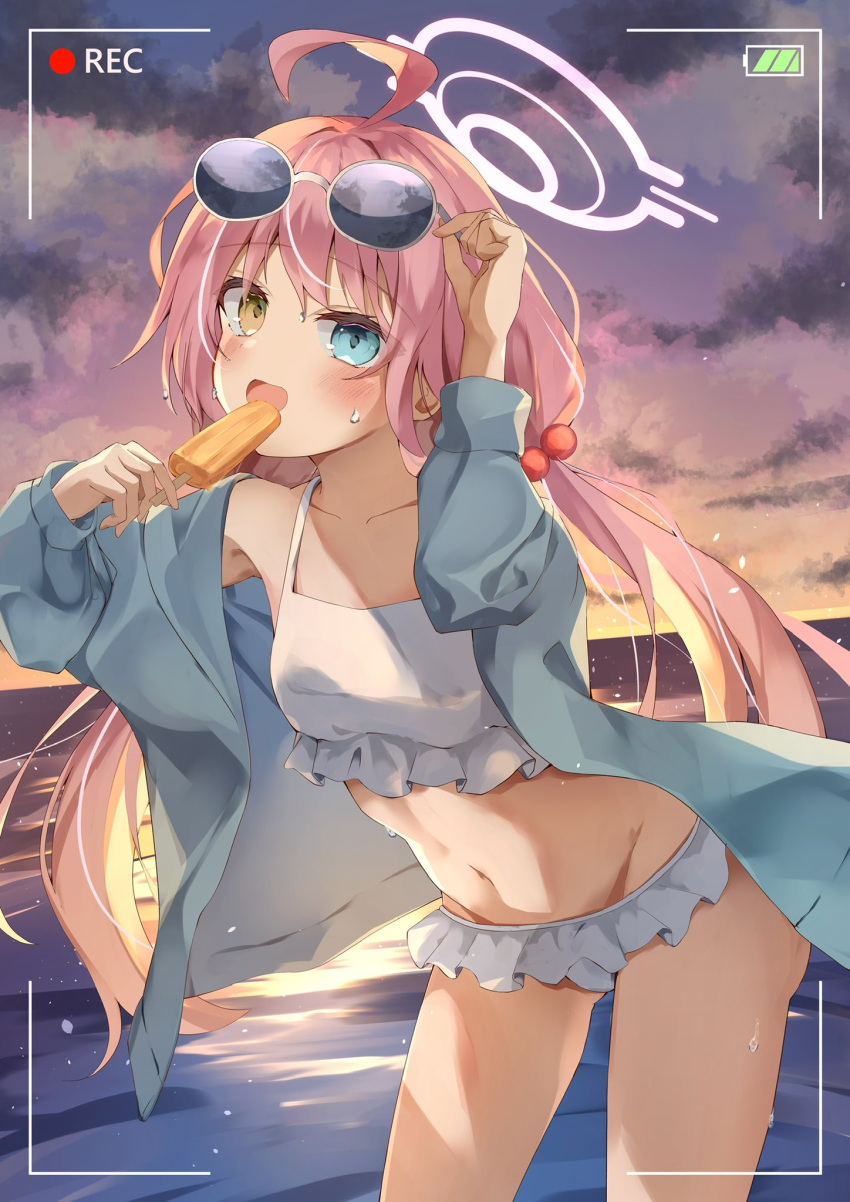 blue_archive food halo heterochromia highres hoshino_(blue_archive) ice_cream non-web_source pink_hair swimsuit