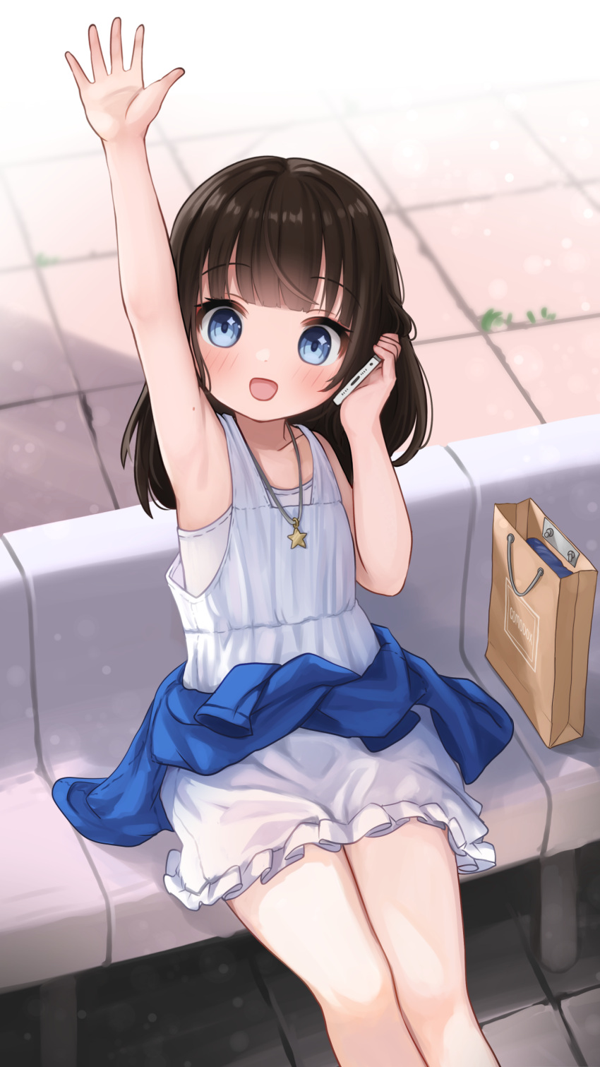 1girl :d absurdres armpits black_hair blue_eyes blue_jacket blush cellphone clothes_around_waist commentary comodomodo dress english_commentary faeryn_(comodomodo) feet_out_of_frame frilled_dress frills highres holding holding_phone jacket jacket_around_waist long_hair open_mouth original phone short_dress sitting sleeveless sleeveless_dress smartphone smile solo star_(symbol) talking_on_phone waving white_dress