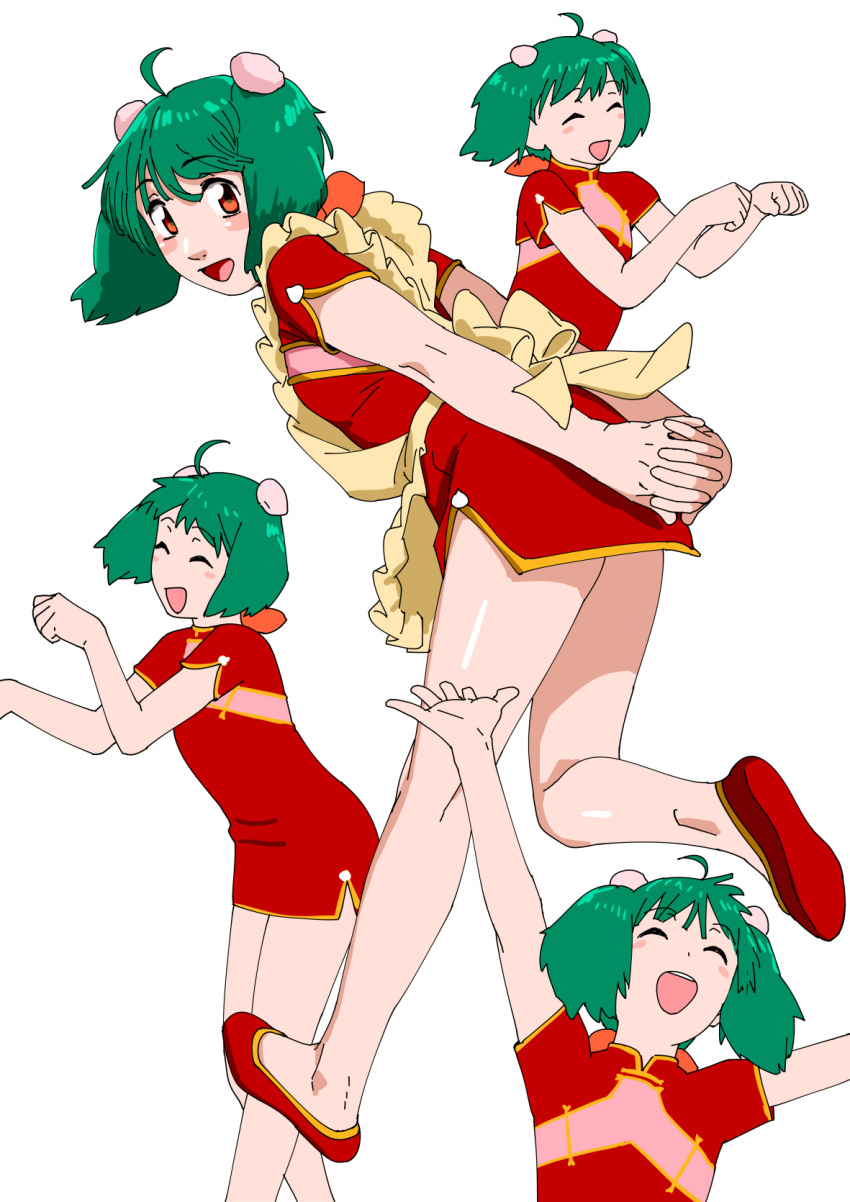 1girl ahoge apron bun_cover china_dress chinese_clothes closed_eyes cowboy_shot double_bun dress feet_out_of_frame frilled_apron frills full_body green_hair hair_bun highres macross macross_frontier multiple_views ojipon paw_pose ranka_lee red_dress red_eyes red_footwear short_dress short_hair simple_background smile twintails white_background yellow_apron