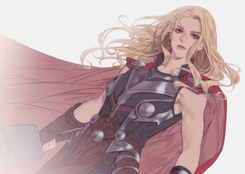 1girl arm_armor armor black_bodysuit blonde_hair bodysuit breasts brown_eyes cape closed_mouth commentary_request cowboy_shot holding holding_weapon jane_foster korean_commentary lips long_hair looking_at_viewer marvel marvel_cinematic_universe medium_breasts mjolnir_(marvel) poboong123 red_cape simple_background solo standing thor:_love_and_thunder thor_(jane_foster) v-shaped_eyebrows weapon white_background