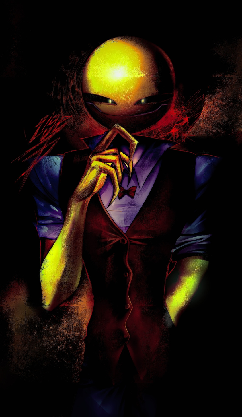 1boy absurdres black_sclera brown_vest collared_shirt colored_sclera commentary floating_head hand_in_pocket hand_on_own_chin highres male_focus minecraft_youtube orb qigetp shirt sleeves_rolled_up solo untranslatable_commentary verity_(thatmob) vest white_shirt yellow_eyes