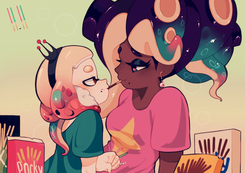 2girls brown_eyes clem_(calmeremerald) dark-skinned_female dark_skin earrings english_commentary eye_contact food food_in_mouth green_eyes hairband interracial jewelry looking_at_another marina_(splatoon) mole mole_under_mouth multiple_girls pearl_(splatoon) pocky pocky_day pocky_in_mouth pocky_kiss shared_food shirt simple_background splatoon_(series) splatoon_2 t-shirt tentacle_hair yuri