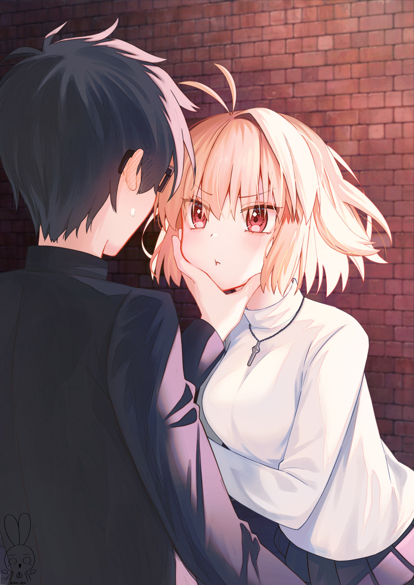 1boy 1girl absurdres antenna_hair arcueid_brunestud aro_1801 black-framed_eyewear black_hair black_jacket black_skirt blonde_hair blush closed_mouth commentary from_behind gakuran glasses hand_on_another's_face highres jacket jewelry long_sleeves necklace pleated_skirt pout red_eyes school_uniform short_hair skirt sweater tohno_shiki tsukihime tsukihime_(remake) turtleneck turtleneck_sweater white_sweater