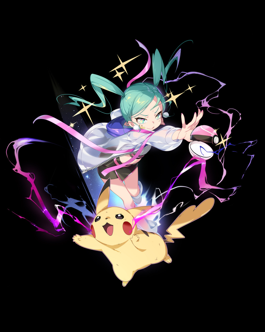 1girl :q absurdres aqua_eyes aqua_hair bandaid bandaid_on_face black_background black_skirt closed_mouth crop_top earrings electricity hatsune_miku highres hood hood_down hooded_jacket jacket jewelry karpin long_hair looking_at_viewer love_ball multicolored_eyes outstretched_arm pikachu pink_ribbon poke_ball pokemon pokemon_(creature) pom_pom_(clothes) pom_pom_earrings project_voltage ribbon see-through see-through_jacket shirt skirt solo sparkle tongue tongue_out twintails vocaloid volt_tackle_(vocaloid) white_footwear white_jacket white_shirt