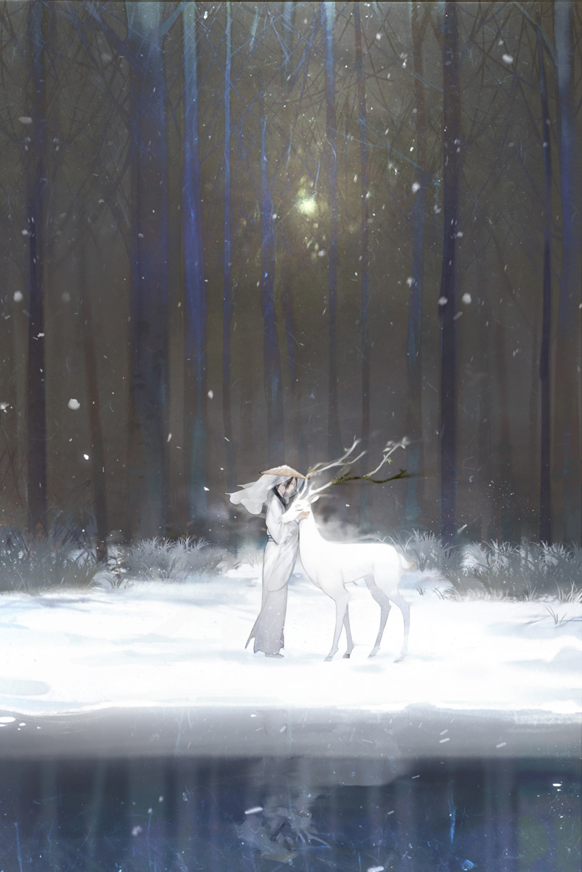 1boy absurdres affectionate amooji androgynous animal axis_powers_hetalia black_hair china_(hetalia) deer forest grass hair_over_shoulder hat highres ice lake long_hair long_sleeves male_focus nature outdoors petting profile reflection reflective_water rice_hat robe sash shore snow snowing standing veil water white_robe white_theme wind