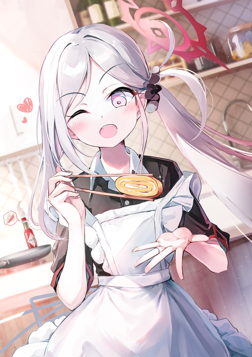 1girl apron black_scrunchie black_shirt blue_archive blush chopsticks chosunbe food frilled_apron frills grey_hair hair_ornament hair_scrunchie halo heart highres holding holding_chopsticks indoors long_hair looking_at_viewer mutsuki_(blue_archive) omelet open_mouth red_halo scrunchie shirt side_ponytail smile solo tamagoyaki violet_eyes white_apron