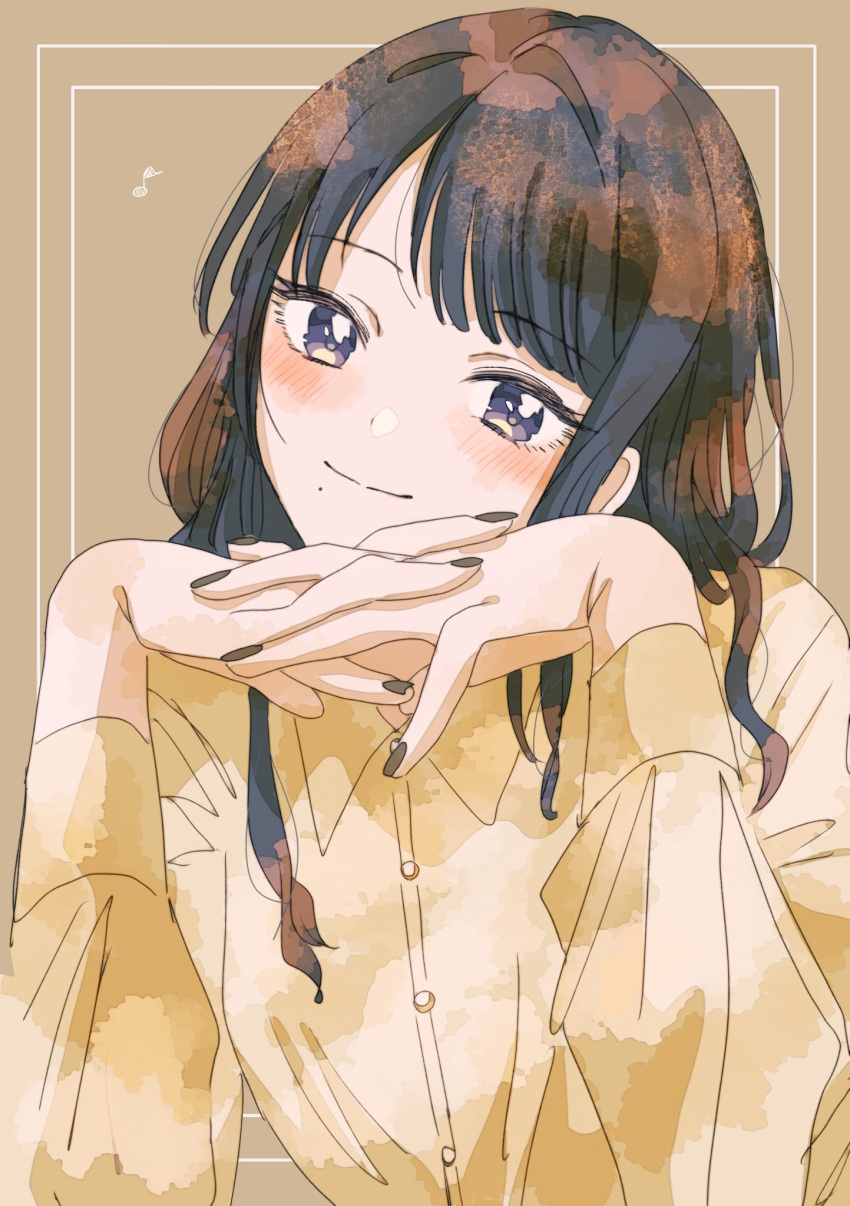 1girl black_hair blush fingernails head_rest highres idolmaster idolmaster_shiny_colors interlocked_fingers kazano_hiori mole mole_under_mouth musical_note nail_polish own_hands_together paddy_field simple_background smile solo upper_body violet_eyes