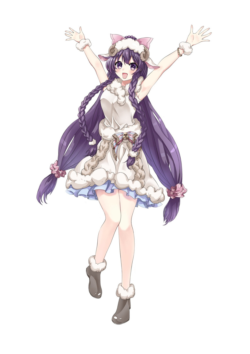 1girl bow bracelet braid breasts date_a_live dress frilled_dress frills fur-trimmed_dress fur_bracelet fur_trim grey_footwear hair_bow hands_up happy highres jewelry looking_at_viewer medium_breasts open_mouth purple_hair smile solo thighs twin_braids violet_eyes white_background white_dress white_wristband yato_hebi yatogami_tooka