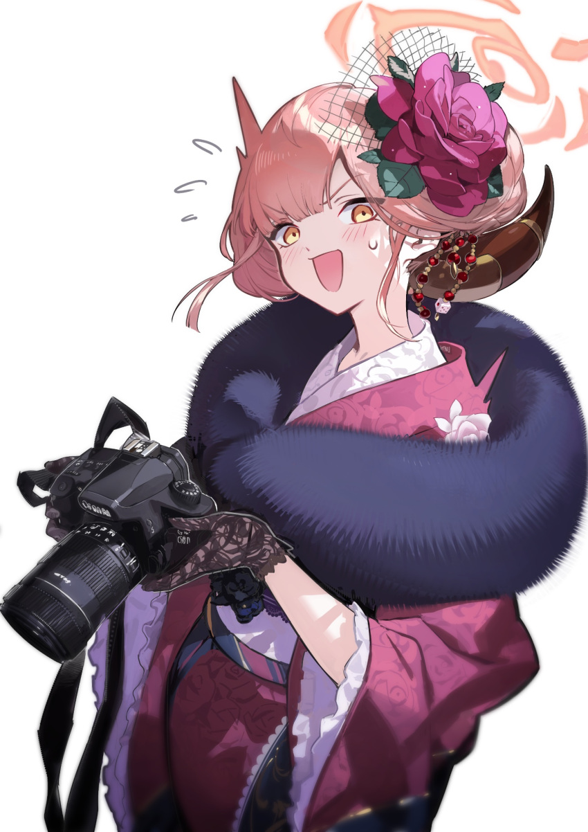 :d aru_(blue_archive) aru_(new_year)_(blue_archive) blue_archive blush brown_horns camera canon_(company) commentary_request demon_horns dot_nose floral_print flower flying_sweatdrops fur-trimmed_kimono fur_scarf fur_trim gloves hair_flower hair_ornament hair_up halo han-0v0 highres holding holding_camera horns japanese_clothes kimono lace lace_gloves looking_at_viewer medium_hair obi official_alternate_costume open_mouth pink_hair print_kimono red_kimono sash simple_background smile solo standing sweatdrop upper_body white_background white_kimono yellow_eyes