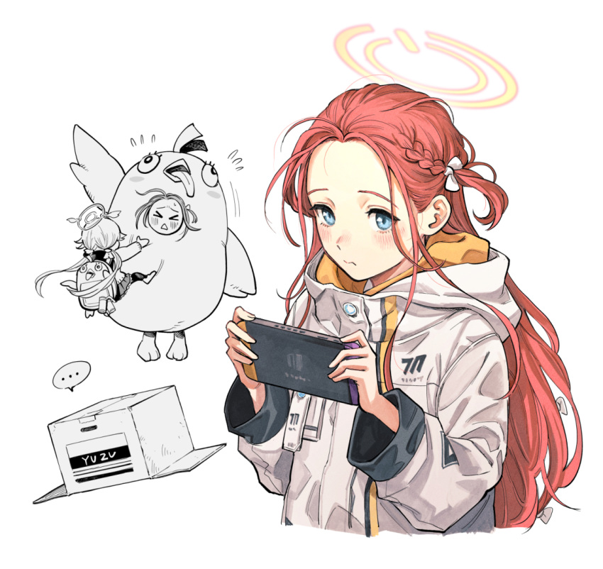 &gt;_&lt; ... 2girls backpack bag blue_archive blue_eyes blush closed_mouth flying_sweatdrops halo handheld_game_console hifumi_(blue_archive) hiro_(chumo) holding holding_handheld_game_console hood hood_down hooded_jacket jacket long_hair long_sleeves low_twintails multiple_girls multiple_views nintendo_switch peroro_(blue_archive) redhead simple_background spoken_ellipsis triangle_mouth twintails white_background white_jacket yellow_halo yuzu_(blue_archive)