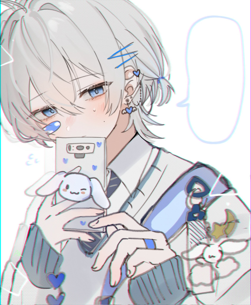 1boy a20190422 androgynous bandaid bandaid_on_cheek bandaid_on_face blank_speech_bubble blue_eyes blue_necktie blue_sweater blush cinnamoroll collared_shirt earrings grey_hair hair_ornament hairpin heart highres holding holding_phone jewelry long_sleeves multiple_earrings necktie original phone sanrio shirt short_hair solo speech_bubble sweater white_shirt