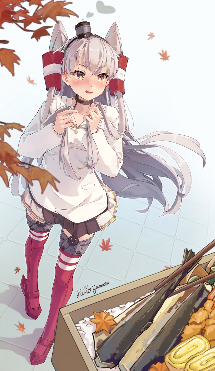 1girl absurdres amatsukaze_(kancolle) artist_name autumn_leaves blush collarbone commentary_request dress fang fish food grey_hair hair_tubes highres himeyamato kantai_collection leaf long_hair long_sleeves maple_leaf omelet open_mouth red_thighhighs revision rice rudder_footwear saury signature solo tamagoyaki thigh-highs two_side_up white_dress yellow_eyes