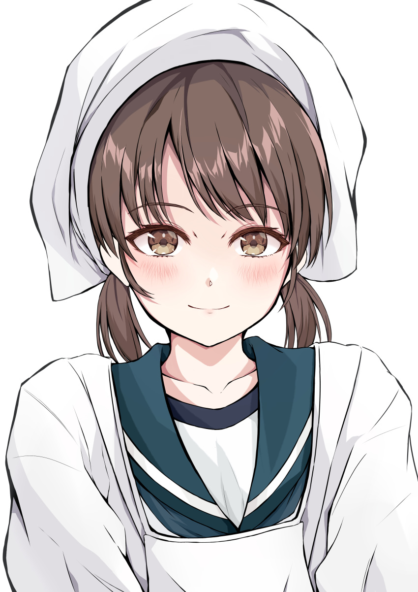 1girl absurdres apron blush brown_eyes brown_hair closed_mouth dairyo3 green_sailor_collar head_scarf highres kantai_collection kappougi looking_at_viewer portrait sailor_collar school_uniform serafuku shirayuki_(kancolle) short_hair short_twintails simple_background smile solo twintails white_background white_headwear