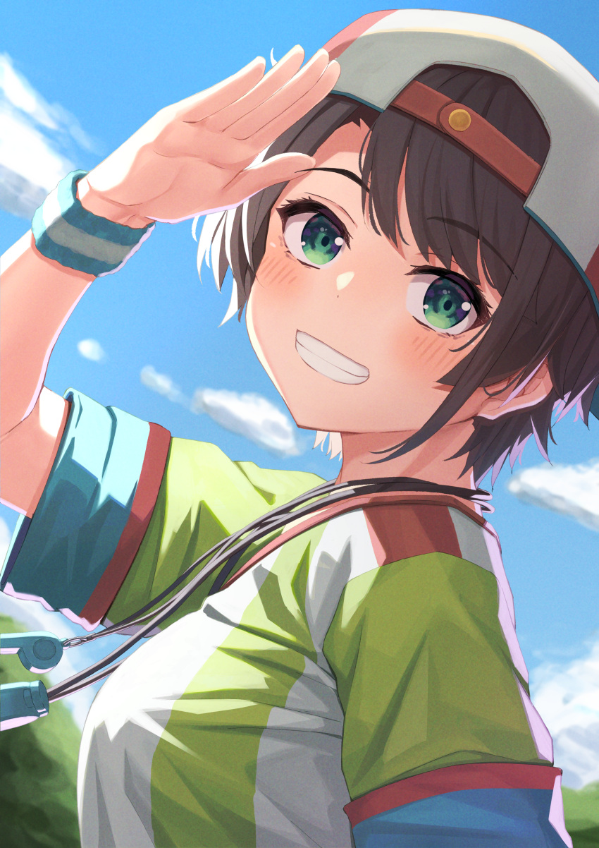 1girl absurdres backwards_hat baseball_cap blue_eyes blue_sky blush brown_hair clouds hat highres hololive looking_at_viewer oozora_subaru oozora_subaru_(1st_costume) red_headwear shirt short_hair sky smile solo starkamisan stopwatch stopwatch_around_neck striped striped_shirt tree two-tone_shirt vertical-striped_shirt vertical_stripes virtual_youtuber whistle whistle_around_neck white_shirt yellow_shirt