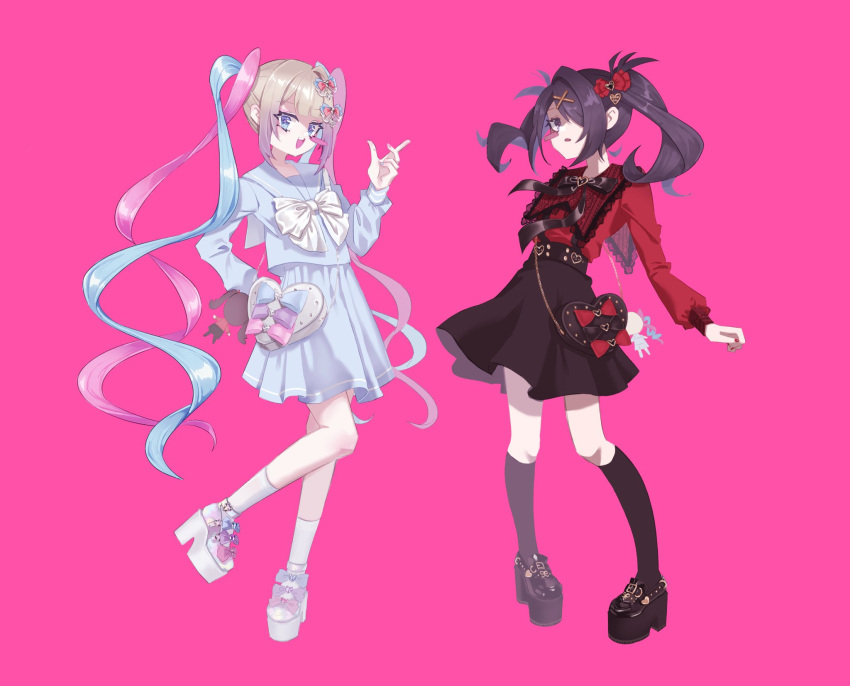 2girls ame-chan_(needy_girl_overdose) bag black_bag black_bow black_footwear black_hair black_socks blonde_hair blue_bow blue_hair blue_sailor_collar bow bowtie character_doll chouzetsusaikawa_tenshi-chan clenched_hand collared_shirt dearmylove_(brand) double_helix dual_persona footwear_bow full_body hair_bow hair_ornament hair_over_one_eye hand_on_own_hip heart heart-shaped_bag heart-shaped_ornament heart_hair_ornament heart_o-ring highres index_finger_raised jirai_kei kneehighs lace_trim long_hair long_sleeves looking_at_viewer multicolored_hair multicolored_nails multiple_girls multiple_hair_bows needy_girl_overdose official_alternate_costume open_mouth parted_lips pink_background pink_bow pink_hair platform_footwear pleated_skirt purple_bow quad_tails red_bow red_nails red_shirt sailor_collar school_uniform serafuku shirt shoulder_bag single_blush_sticker skirt socks sumi_(sumi3mimi) suspender_skirt suspenders teeth twintails upper_teeth_only very_long_hair white_bag white_bow white_footwear white_socks x_hair_ornament