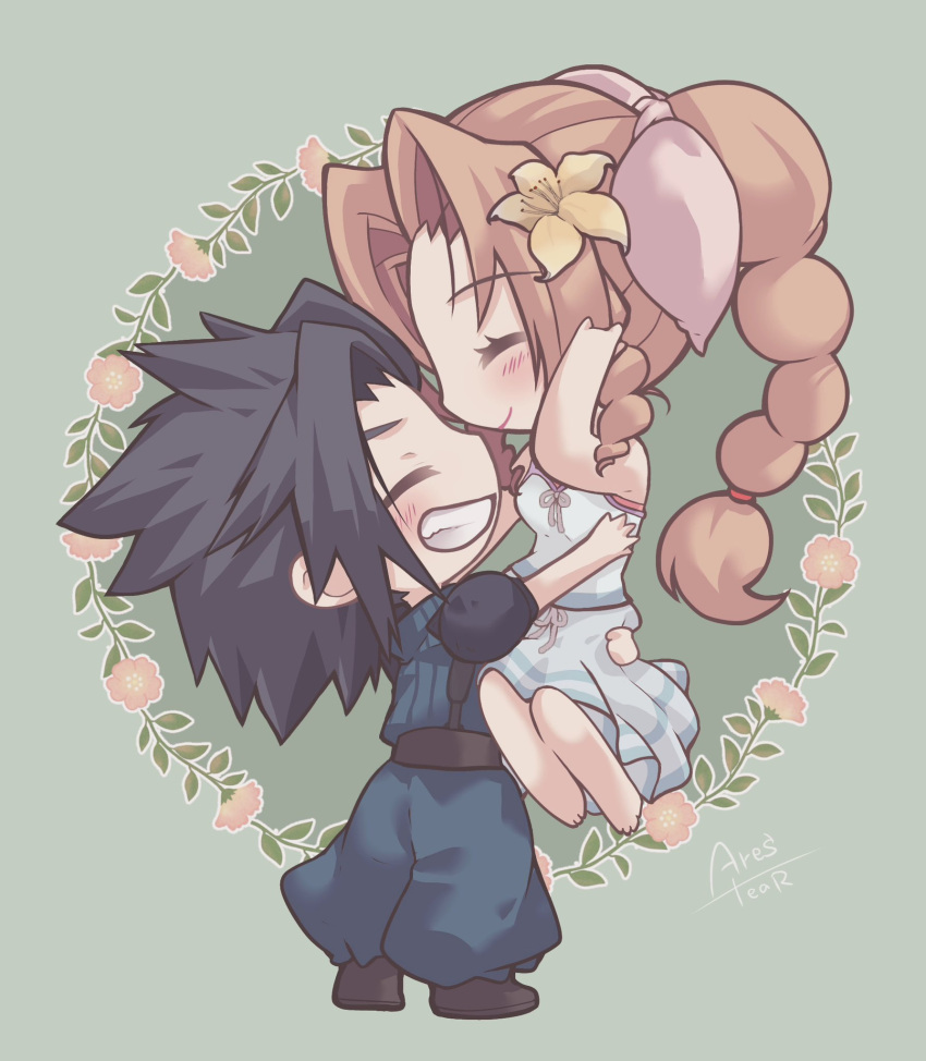 1boy 1girl aerith_gainsborough arestear0701 arm_up armor black_footwear black_hair boots bow brown_hair carrying carrying_person chibi closed_eyes commentary couple crisis_core_final_fantasy_vii dress facing_to_the_side final_fantasy final_fantasy_vii floral_background flower green_background grin hair_flower hair_ornament hair_ribbon hair_tucking happy hetero high_ponytail highres holding hug leaf legs_together lifting_person long_hair looking_at_another pants parted_bangs pauldrons pink_flower pink_ribbon ponytail puffy_pants ribbon short_hair shoulder_armor signature sitting sitting_on_arm sleeveless sleeveless_dress sleeveless_turtleneck smile spiky_hair turtleneck wavy_hair white_dress yellow_flower zack_fair
