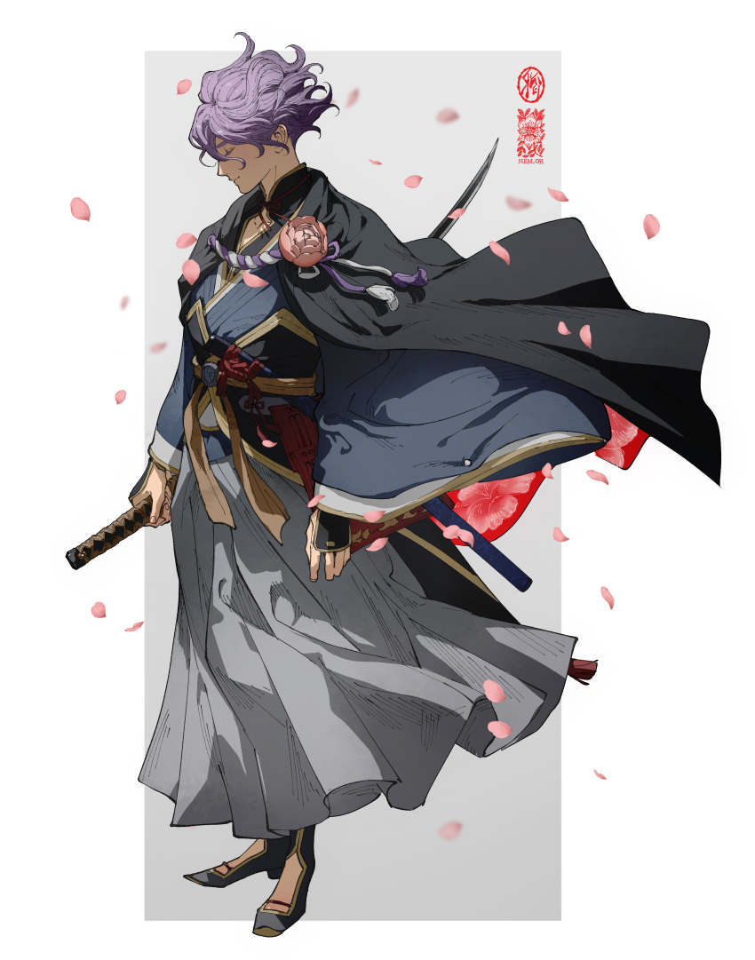 1boy absurdres armor arms_at_sides black_cloak black_footwear blue_kimono boots bow bowtie cloak closed_eyes closed_mouth commentary_request fingernails floating_clothes floating_hair flower from_side grey_hakama hakama highres ine_(zx_o4) japanese_armor japanese_clothes kasen_kanesada katana kimono male_focus petals profile purple_hair red_flower reverse_grip sash scabbard sheath short_hair smile solo standing sword touken_ranbu two-sided_fabric unsheathed weapon white_background