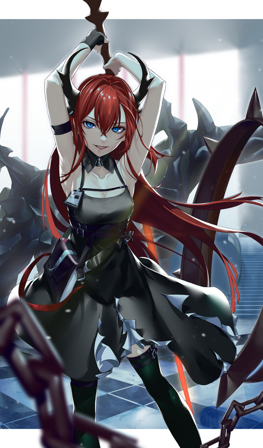 1girl absurdres arknights arm_strap armpits arms_up bare_shoulders black_dress burnt_clothes chain chest_strap demon_girl demon_horns detached_collar dress hair_between_eyes hair_intakes highres horns huge_weapon kamie_(eat_ebi) long_hair red_lips redhead smile surtr_(arknights) sword thigh_strap violet_eyes weapon