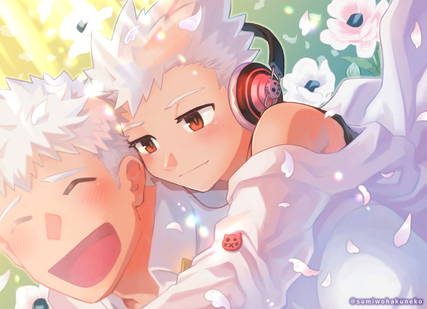 2boys ^_^ blush brothers brown_eyes carrying character_pin child closed_eyes closed_mouth duo_(housamo) flower headphones highres light_rays light_smile male_focus multiple_boys open_mouth petals piggyback shirt short_hair siblings smile sumi_wo_hakuneko togo_shuichi tokyo_afterschool_summoners twitter_username upper_body white_flower white_hair white_shirt