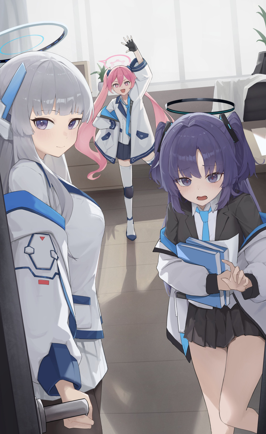 3girls absurdres arm_up black_coat black_halo black_skirt blue_archive blue_eyes blue_hair blue_necktie blunt_bangs book coat collared_shirt commentary_request gmi_(jimmyovob) grey_hair hair_between_eyes hair_intakes halo headgear highres holding holding_book indoors jacket knee_pads koyuki_(blue_archive) lapels long_hair long_sleeves mechanical_halo multiple_girls necktie noa_(blue_archive) off_shoulder open_mouth parted_bangs pink_halo pleated_skirt seminar_(blue_archive) shirt skirt thigh-highs triangle_hair_ornament twintails two_side_up very_long_hair violet_eyes waving white_coat white_halo white_jacket white_shirt white_thighhighs yuuka_(blue_archive)