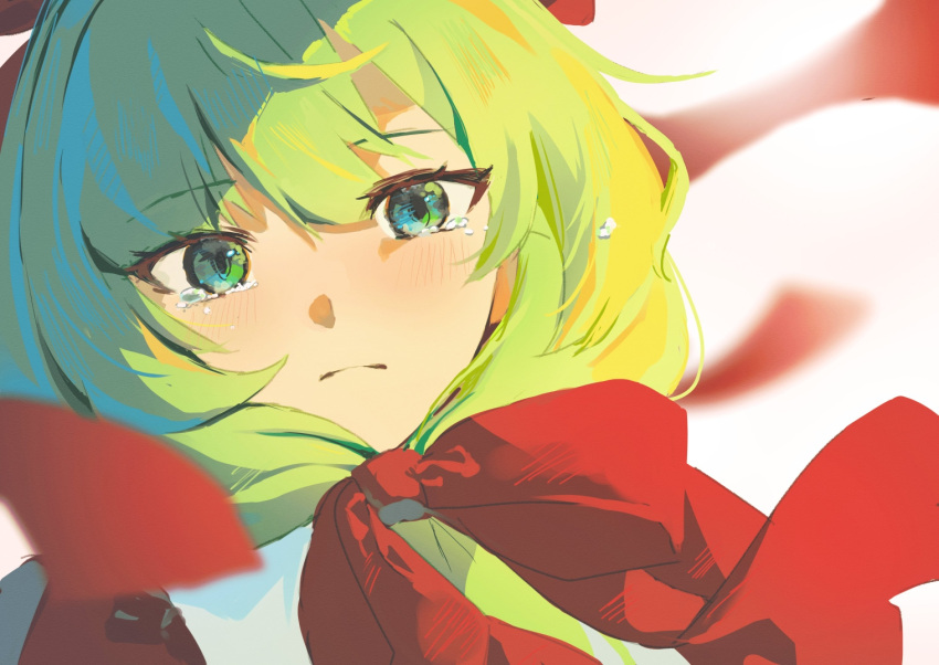 1girl bow close-up front_ponytail green_eyes green_hair hair_bow kagiyama_hina looking_at_viewer maguri_rei one-hour_drawing_challenge red_bow red_ribbon ribbon solo tears touhou
