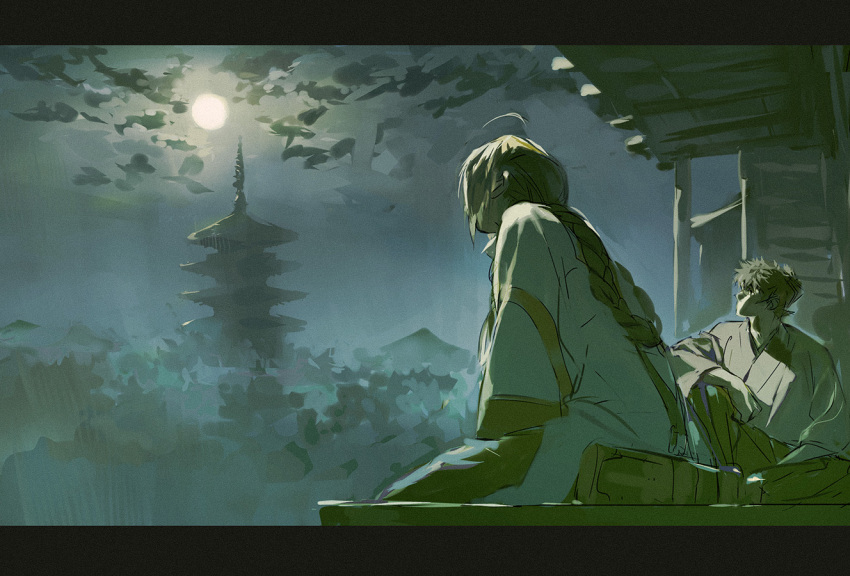 1boy 1other ahoge androgynous architecture arm_rest braid braided_ponytail dark east_asian_architecture fate/samurai_remnant fate_(series) hair_intakes hakama huangdanlan japanese_clothes kimono knee_up looking_up miyamoto_iori_(fate) moon moonlight mountain night night_sky pagoda rooftop saber_(fate/samurai_remnant) scenery sitting sketch sky sword sword_on_back weapon weapon_on_back