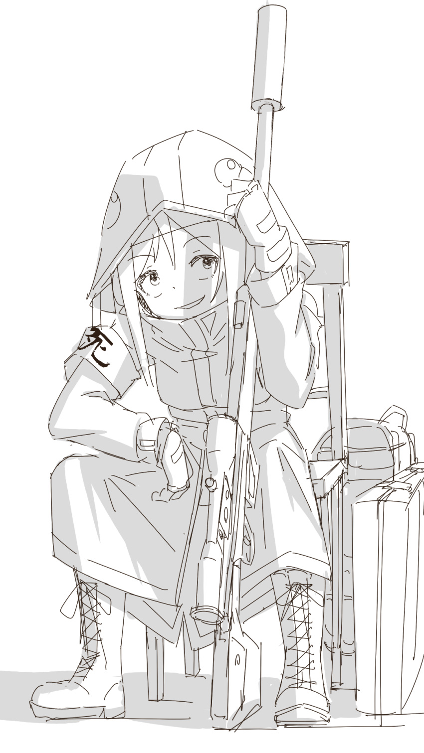 1girl armband boots chair cross-laced_footwear fingerless_gloves gloves greyscale gun hair_between_eyes highres holding holding_gun holding_weapon hood hood_up hooded_jacket jacket kuro_kosyou lace-up_boots long_sleeves monochrome on_chair original parted_lips rifle scope shadow simple_background sketch smile sniper_rifle solo suppressor weapon weapon_request white_background