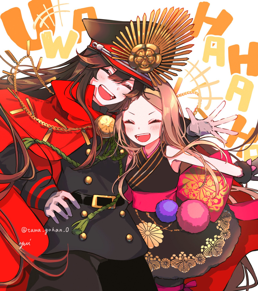 2girls belt black_dress black_gloves black_hair brown_hair cape chacha_(fate) closed_eyes dress fate/grand_order fate_(series) gloves hairband hand_on_own_hip hat hi_(wshw5728) highres laughing long_hair multiple_girls oda_nobunaga_(fate) oda_nobunaga_(koha-ace) red_cape white_gloves yellow_hairband