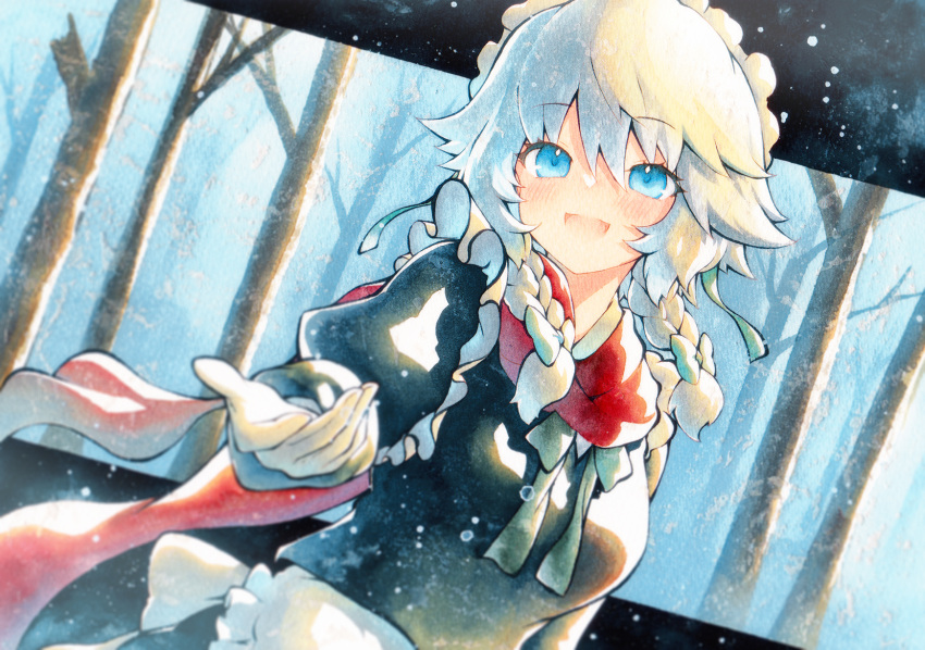 1girl :d apron bare_tree black_shirt blue_eyes braid gloves highres izayoi_sakuya juliet_sleeves long_hair long_sleeves looking_at_viewer maid maid_apron maid_headdress open_mouth puffy_sleeves qqqrinkappp reaching reaching_towards_viewer red_scarf scarf shirt smile snowing solo touhou traditional_media tree twin_braids upper_body white_apron white_gloves white_hair
