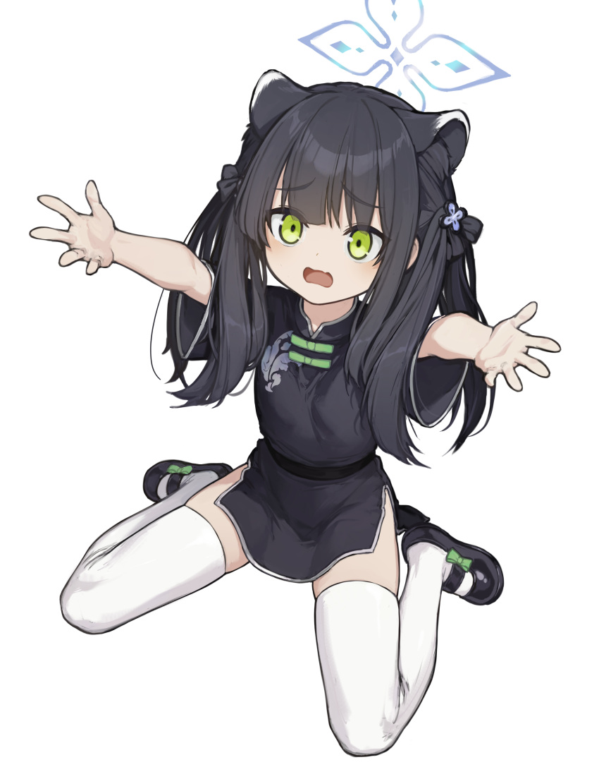 1girl 8886961 absurdres animal_ears black_dress black_footwear black_hair blue_archive blue_halo child china_dress chinese_clothes commentary dress green_eyes halo highres looking_at_viewer mary_janes open_mouth reaching reaching_towards_viewer shoes short_sleeves shun_(blue_archive) shun_(small)_(blue_archive) side_slit simple_background solo thigh-highs tiger_ears tiger_girl white_background white_thighhighs
