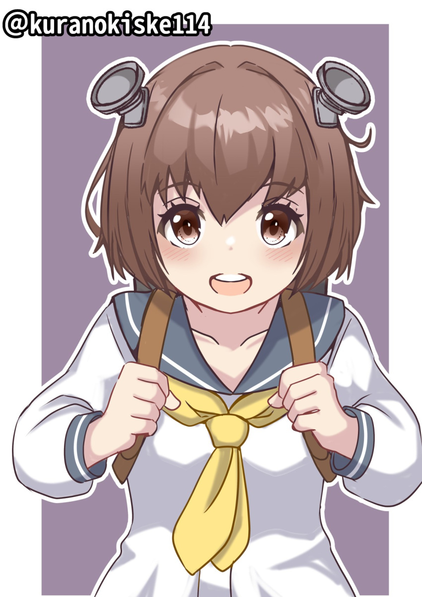 1girl backpack bag blue_sailor_collar brown_eyes brown_hair cowboy_shot dress headgear highres kantai_collection kurano_kisuke neckerchief one-hour_drawing_challenge open_mouth purple_background round_teeth sailor_collar sailor_dress short_hair solo speaking_tube_headset teeth twitter_username two-tone_background upper_teeth_only white_dress yellow_neckerchief yukikaze_(kancolle)
